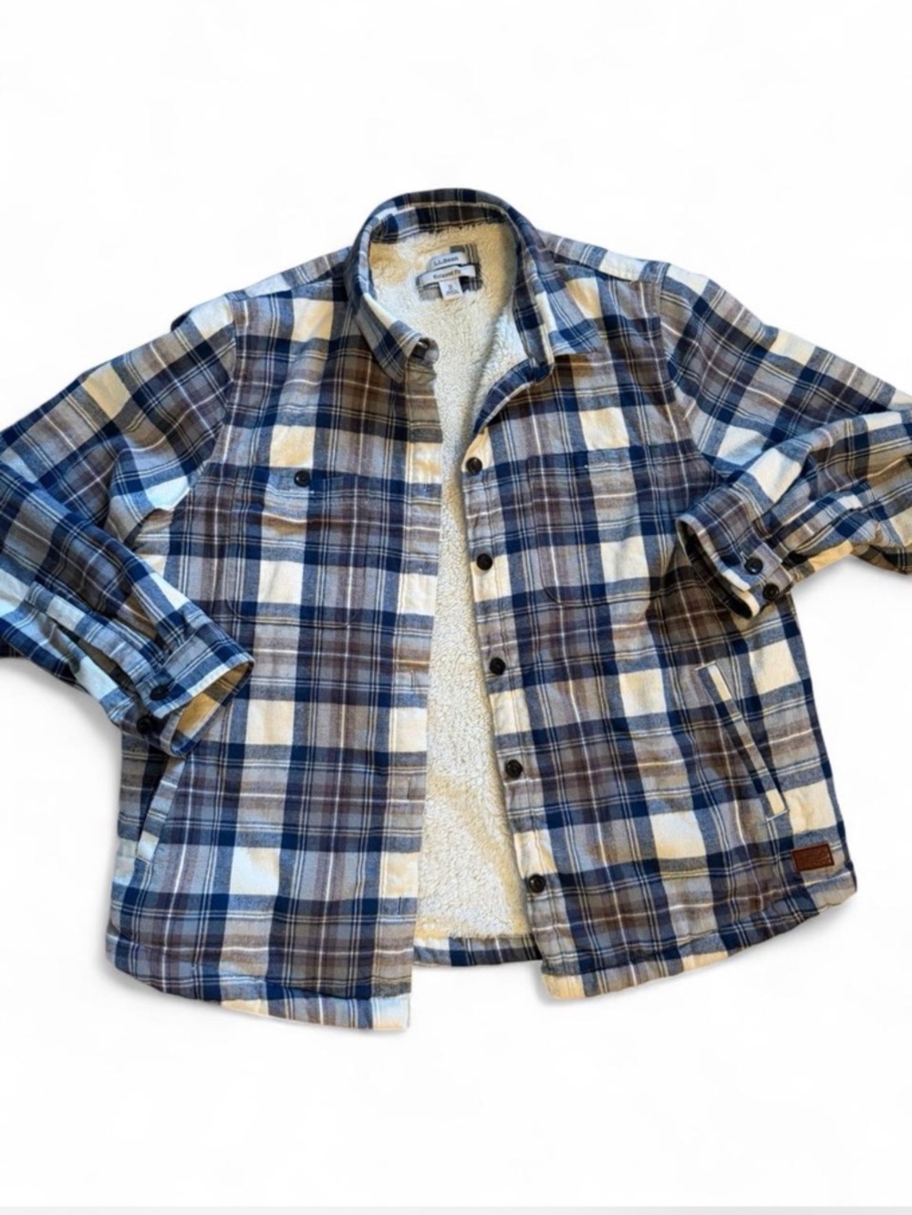 L.L. Bean Blue and Cream Plaid Sherpa-Lined Shirt Jacket
